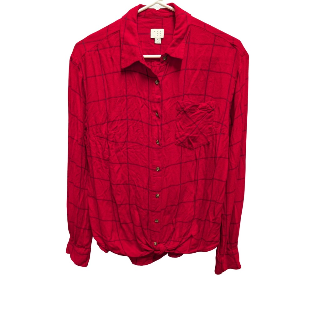 A New Day Button Down Shirt Womens Medium Red Excellent Tie Front Windowpane